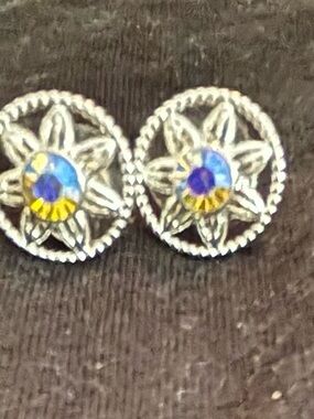 Silver Floral Stud Earrings with Blue and Yellow Crystal Accent